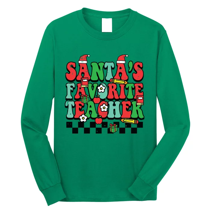 Santas Favorite Teacher Retro Groovy Christmas Xmas Women Long Sleeve Shirt