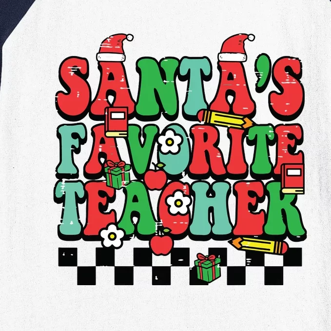 Santas Favorite Teacher Retro Groovy Christmas Xmas Women Baseball Sleeve Shirt