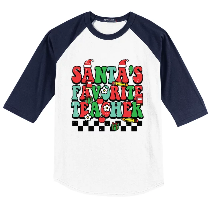 Santas Favorite Teacher Retro Groovy Christmas Xmas Women Baseball Sleeve Shirt