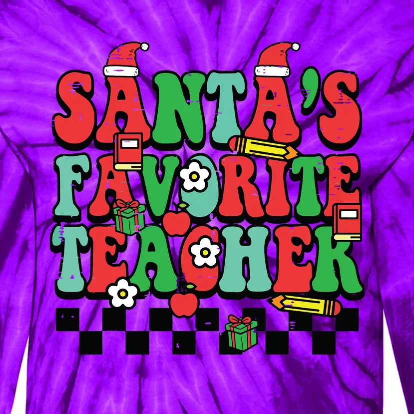 Santas Favorite Teacher Retro Groovy Christmas Xmas Women Tie-Dye Long Sleeve Shirt