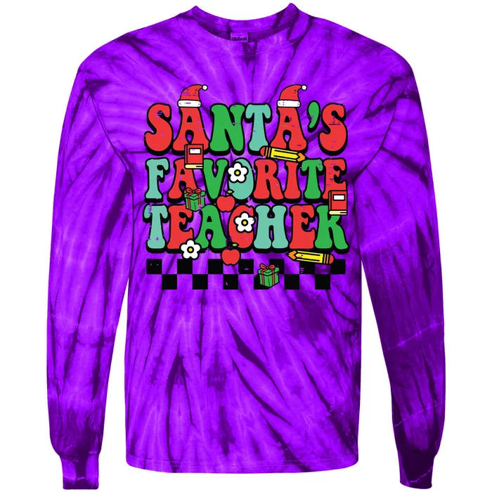 Santas Favorite Teacher Retro Groovy Christmas Xmas Women Tie-Dye Long Sleeve Shirt