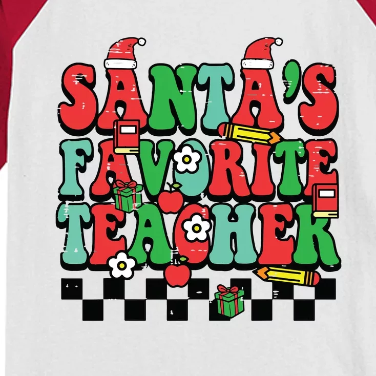 Santas Favorite Teacher Retro Groovy Christmas Xmas Women Kids Colorblock Raglan Jersey