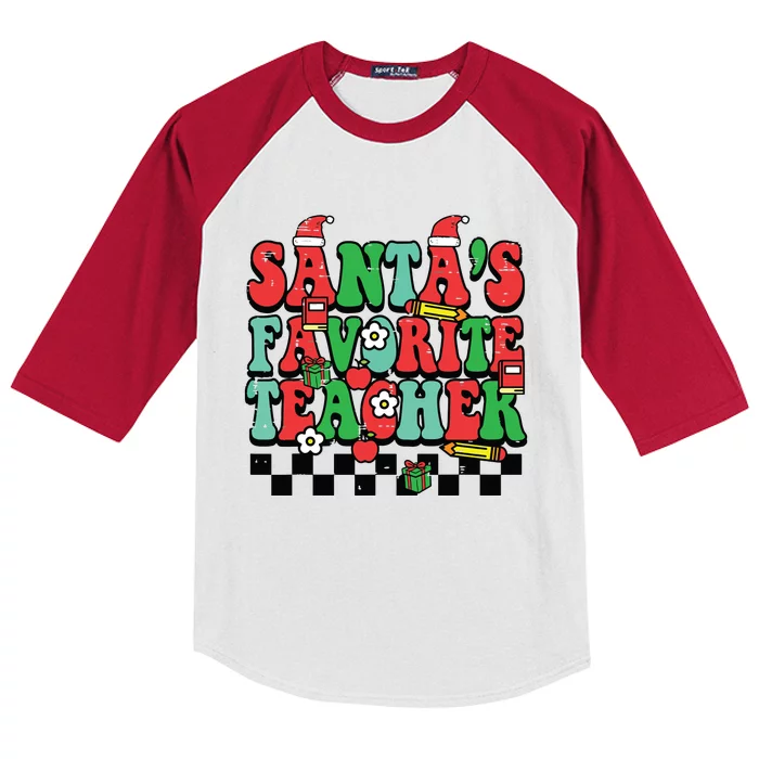 Santas Favorite Teacher Retro Groovy Christmas Xmas Women Kids Colorblock Raglan Jersey