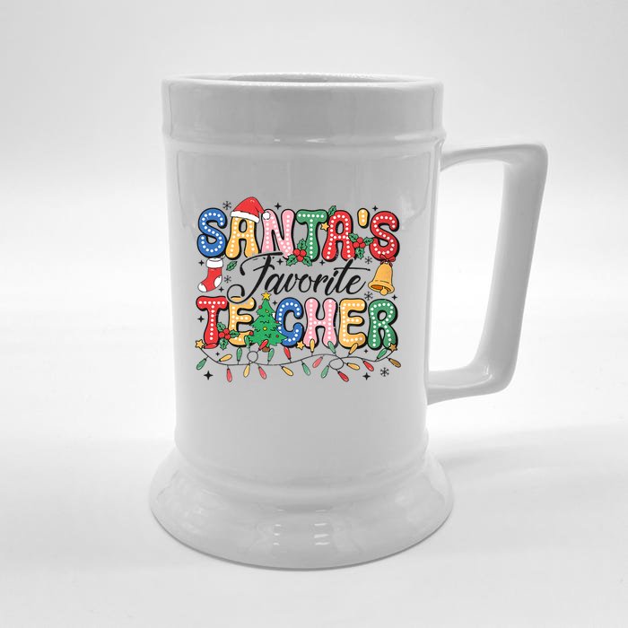 SantaS Favorite Teacher Christmas Lights Holiday Party Front & Back Beer Stein