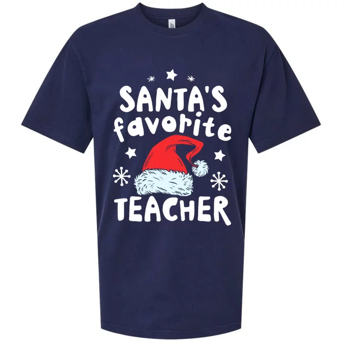 Santas Favorite Teacher Christmas Santa Hat Xmas Sueded Cloud Jersey T-Shirt