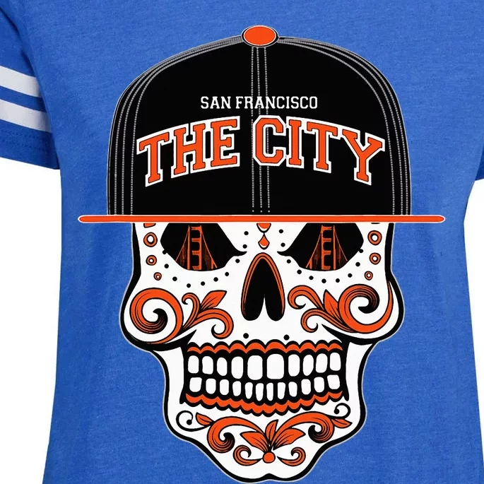 San Francisco The City Sugar Skull Bay Bridge Golden Gate Enza Ladies Jersey Football T-Shirt