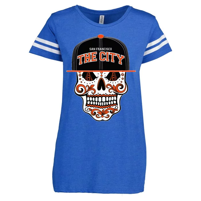 San Francisco The City Sugar Skull Bay Bridge Golden Gate Enza Ladies Jersey Football T-Shirt