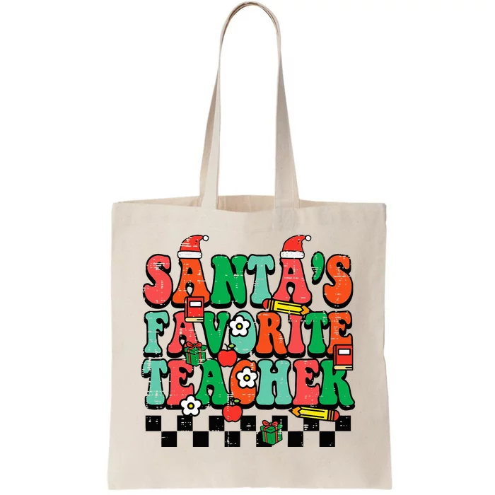 Santas Favorite Teacher Retro Groovy Christmas Xmas Tote Bag