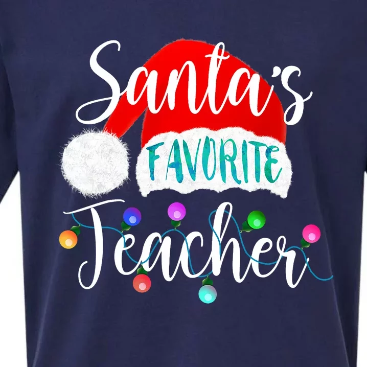 SantaS Favorite Teacher Santa Hat Christmas Light Xmas Gift Sueded Cloud Jersey T-Shirt