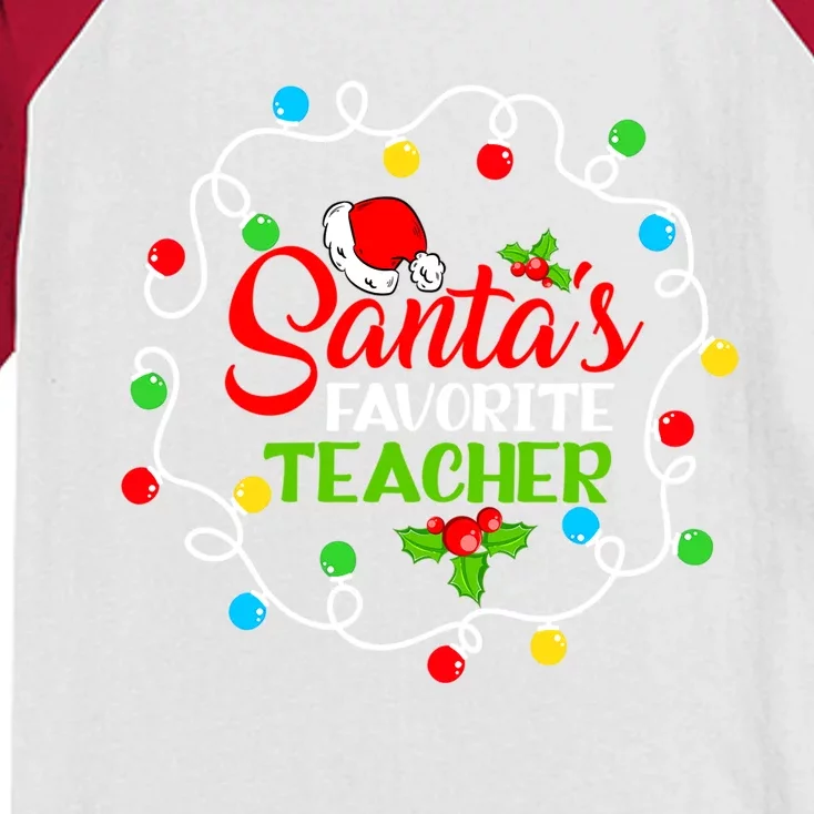 SantaS Favorite Teacher Funny Christmas Santa Hat Light Gift Kids Colorblock Raglan Jersey