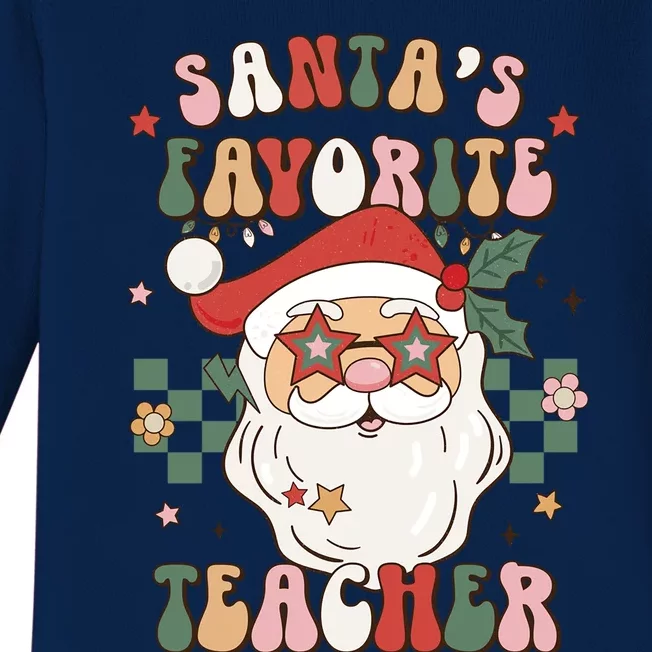 SantaS Favorite Teacher Groovy Retro Christmas 70s 80s Xmas Gift Baby Long Sleeve Bodysuit