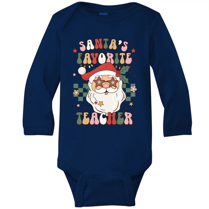 SantaS Favorite Teacher Groovy Retro Christmas 70s 80s Xmas Gift Baby Long Sleeve Bodysuit