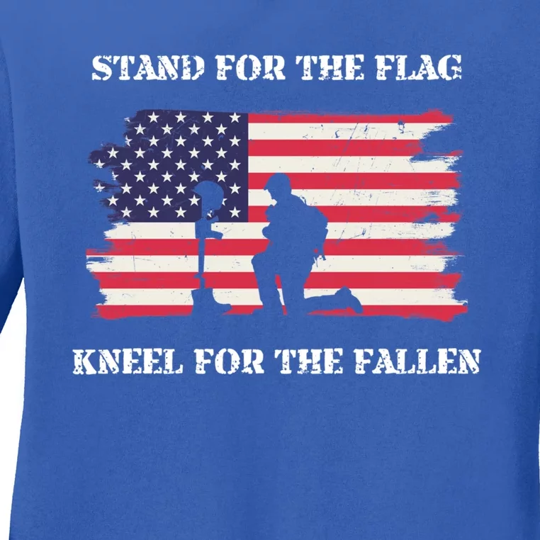 Stand For The Flag Kneel For The Fallen Back Print Gift Ladies Long Sleeve Shirt