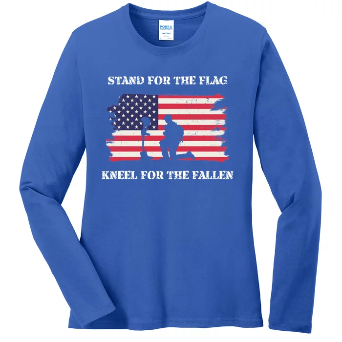 Stand For The Flag Kneel For The Fallen Back Print Gift Ladies Long Sleeve Shirt