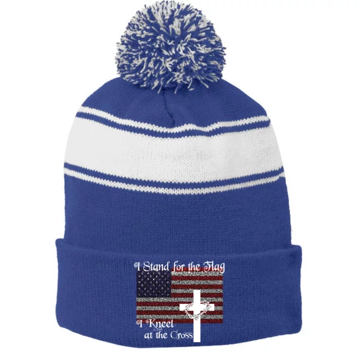 Stand For The Flag I Kneel At The Cross Patriotic Christian Gift Stripe Pom Pom Beanie