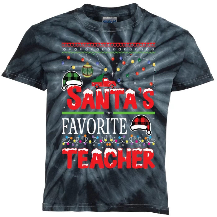 Santas Favorite Teacher Christmas Santa Hat Light Kids Tie-Dye T-Shirt