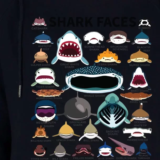 Shark Faces Type Of Shark Shark Faces Of All Kinds Womens Funnel Neck Pullover Hood