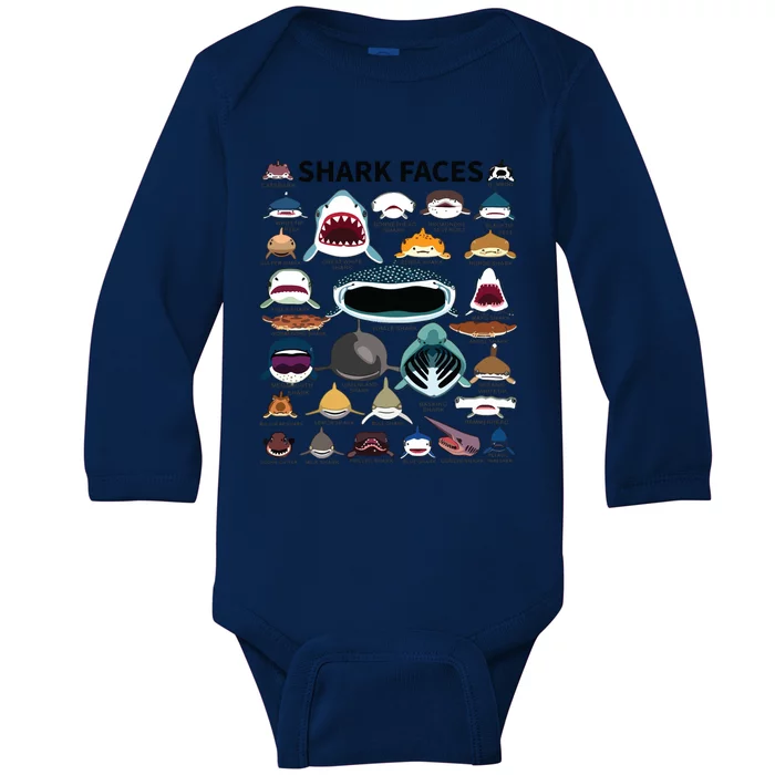 Shark Faces Type Of Shark Shark Faces Of All Kinds Baby Long Sleeve Bodysuit