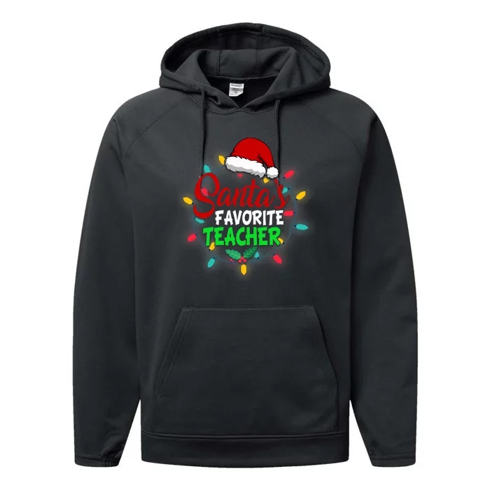 Santa's Favorite Teacher Christmas Santa Hat Light Xmas Gift Premium Performance Fleece Hoodie