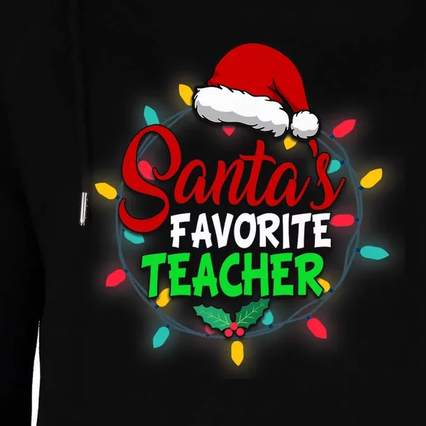 Santa's Favorite Teacher Christmas Santa Hat Light Xmas Gift Premium Womens Funnel Neck Pullover Hood