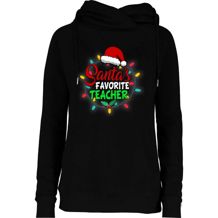 Santa's Favorite Teacher Christmas Santa Hat Light Xmas Gift Premium Womens Funnel Neck Pullover Hood