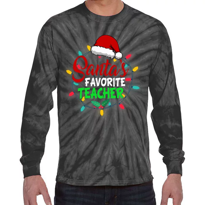 Santa's Favorite Teacher Christmas Santa Hat Light Xmas Gift Premium Tie-Dye Long Sleeve Shirt