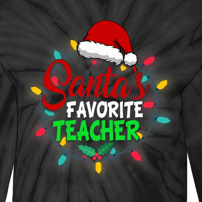 Santa's Favorite Teacher Christmas Santa Hat Light Xmas Gift Premium Tie-Dye Long Sleeve Shirt