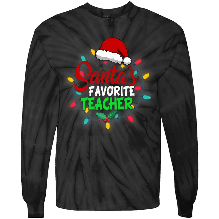 Santa's Favorite Teacher Christmas Santa Hat Light Xmas Gift Premium Tie-Dye Long Sleeve Shirt