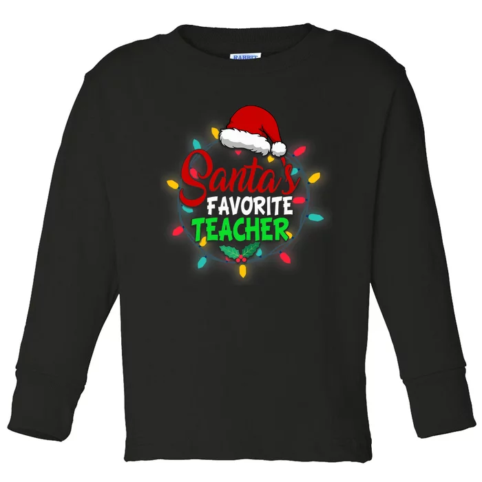 Santa's Favorite Teacher Christmas Santa Hat Light Xmas Gift Premium Toddler Long Sleeve Shirt