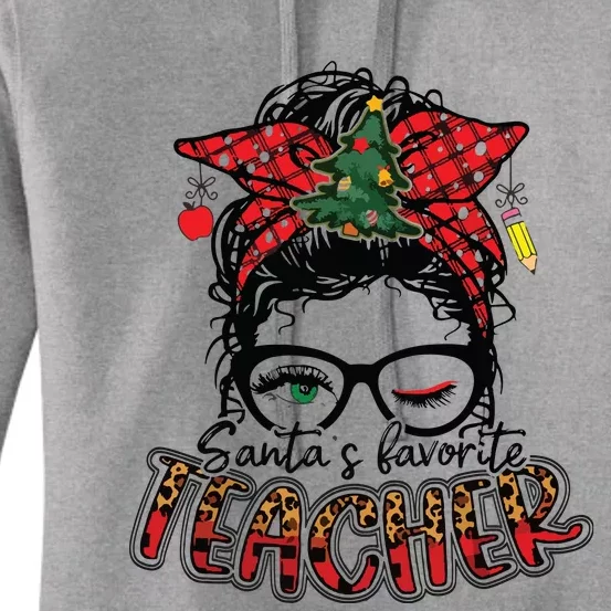 Santas Favorite Teacher Messy Bun Teacher Leopard Christmas Women's Pullover Hoodie