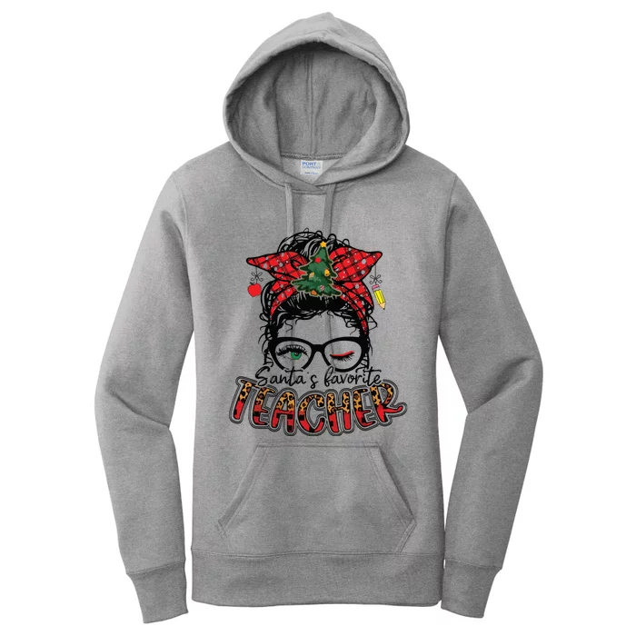 Santas Favorite Teacher Messy Bun Teacher Leopard Christmas Women's Pullover Hoodie