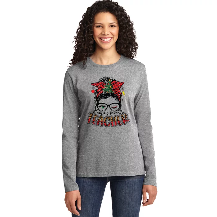 Santas Favorite Teacher Messy Bun Teacher Leopard Christmas Ladies Long Sleeve Shirt