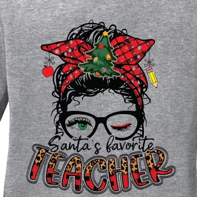 Santas Favorite Teacher Messy Bun Teacher Leopard Christmas Ladies Long Sleeve Shirt