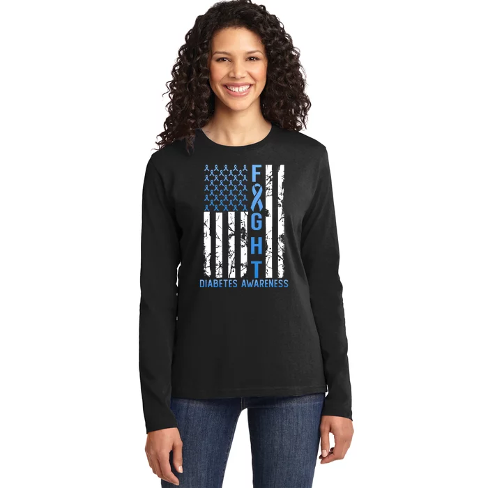 Support Fight USA Flag Type 2 Type 1 Diabetes Awareness Ladies Long Sleeve Shirt