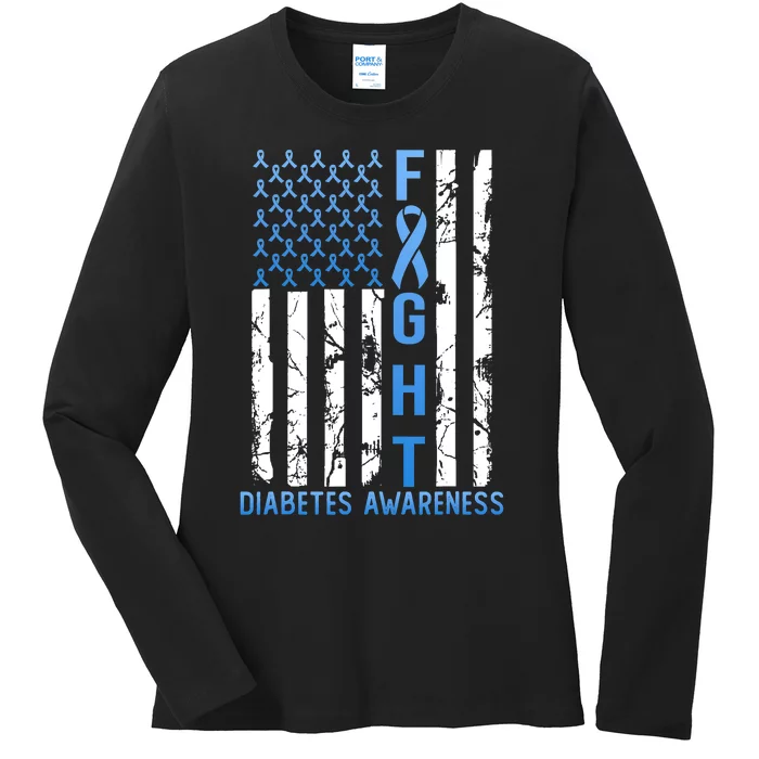 Support Fight USA Flag Type 2 Type 1 Diabetes Awareness Ladies Long Sleeve Shirt