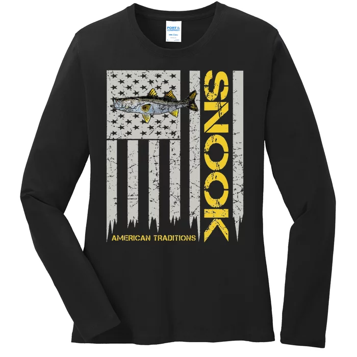 Snook Fisherman Vintage Style American Flag Snook Art Fish Ladies Long Sleeve Shirt