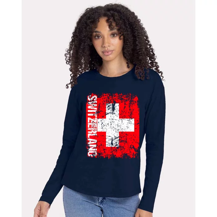 SWITZERLAND Flag Vintage Distressed SWISS Womens Cotton Relaxed Long Sleeve T-Shirt