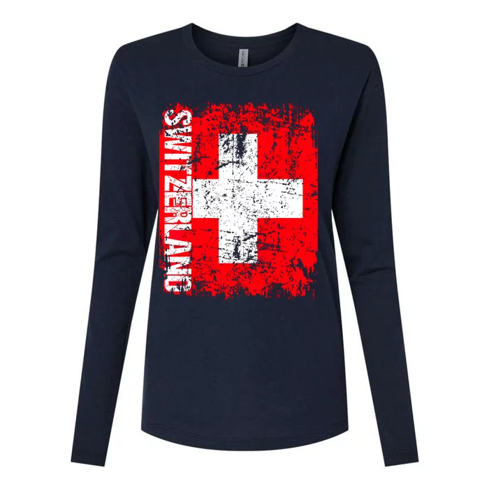 SWITZERLAND Flag Vintage Distressed SWISS Womens Cotton Relaxed Long Sleeve T-Shirt