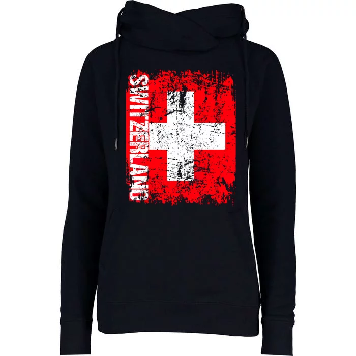 SWITZERLAND Flag Vintage Distressed SWISS Womens Funnel Neck Pullover Hood