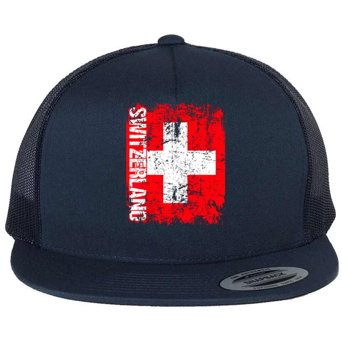 SWITZERLAND Flag Vintage Distressed SWISS Flat Bill Trucker Hat