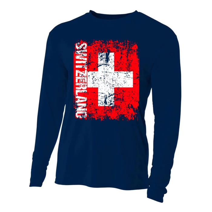 SWITZERLAND Flag Vintage Distressed SWISS Cooling Performance Long Sleeve Crew