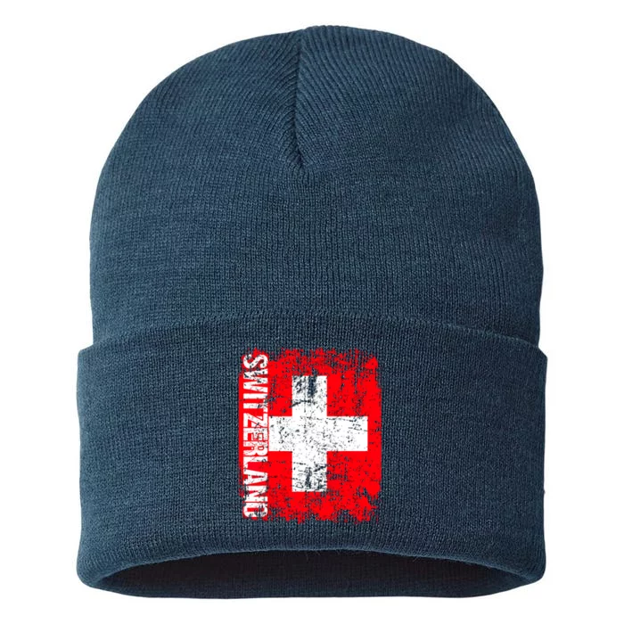 SWITZERLAND Flag Vintage Distressed SWISS Sustainable Knit Beanie