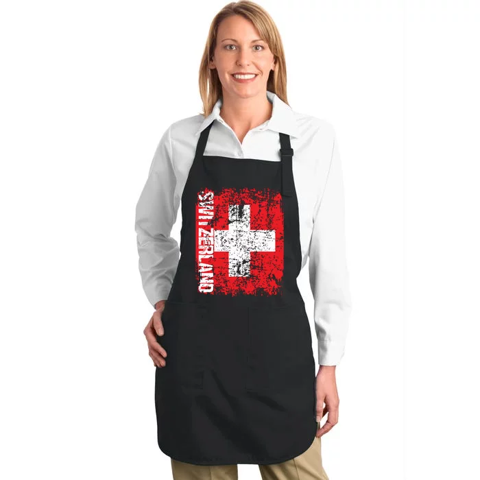 Switzerland Flag Vintage Distressed Swiss Full-Length Apron With Pocket