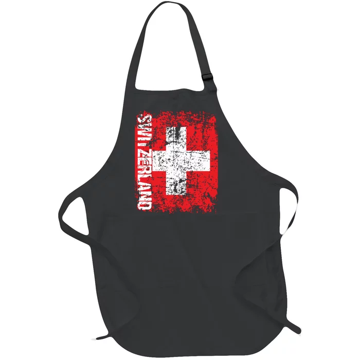 Switzerland Flag Vintage Distressed Swiss Full-Length Apron With Pocket