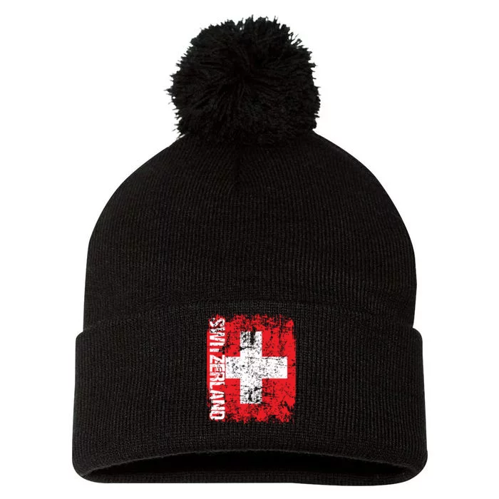 Switzerland Flag Vintage Distressed Swiss Pom Pom 12in Knit Beanie