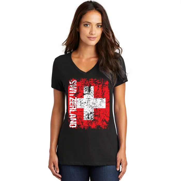 Switzerland Flag Vintage Distressed Swiss Women's V-Neck T-Shirt