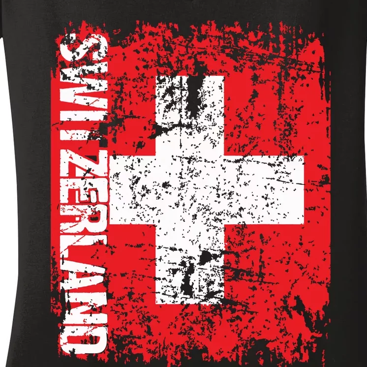 Switzerland Flag Vintage Distressed Swiss Women's V-Neck T-Shirt