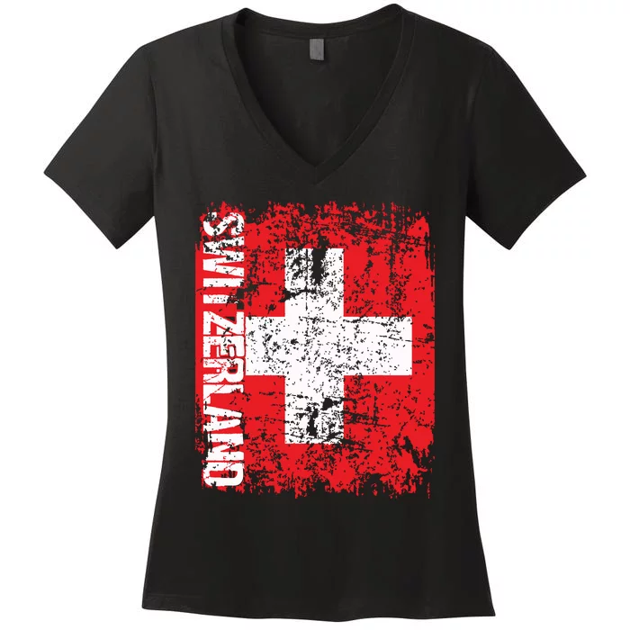 Switzerland Flag Vintage Distressed Swiss Women's V-Neck T-Shirt