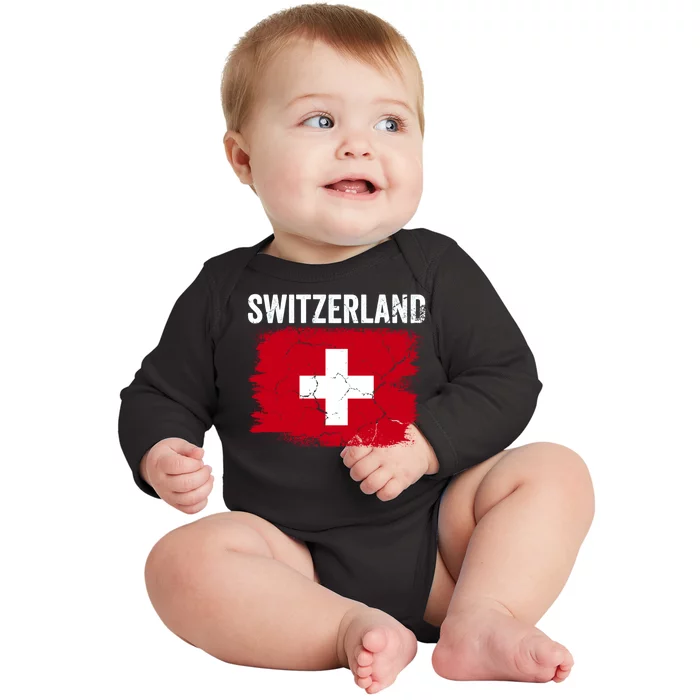 Switzerland Football Vintage Soccer Team Pride Swiss Flag Baby Long Sleeve Bodysuit