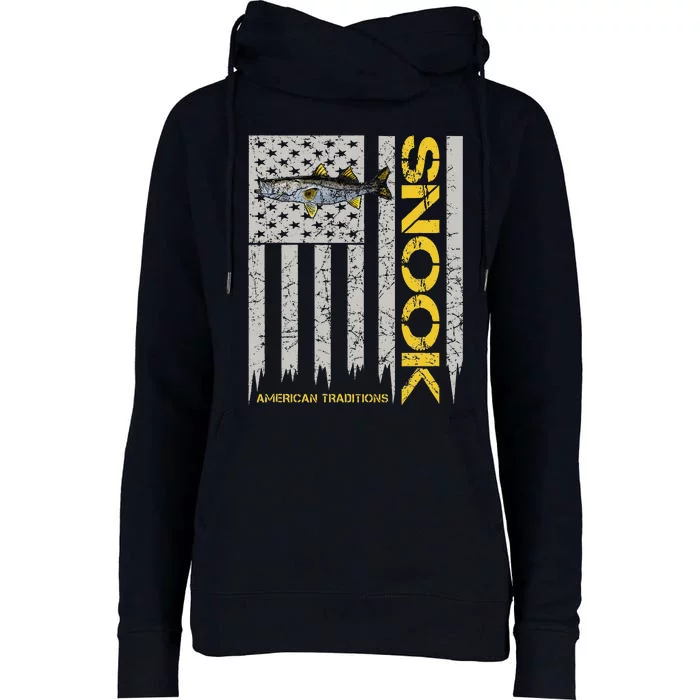 Snook Fisherman Vintage Style American Flag Snook Art Fish Womens Funnel Neck Pullover Hood